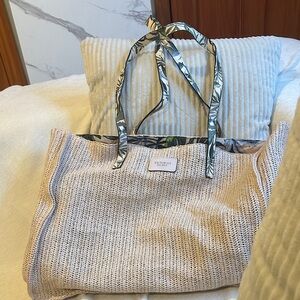 Victoria's Secret Cream Woven Beach Tote with Green Leaf-Patterned Handles